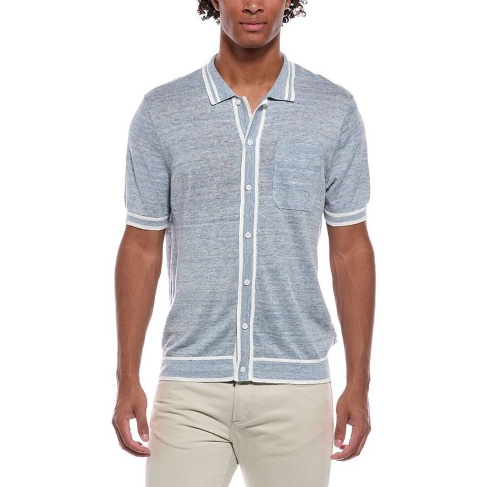 Onia Mens Linen Knit Button Down Shirt, Blue